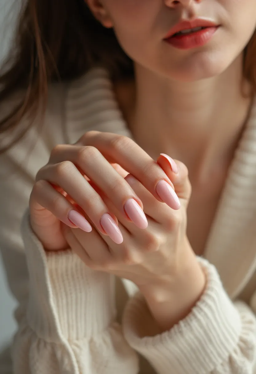 The nail design features a soft and elegant color palette, predominantly using a light, pale pink shade that exudes a subtle sophistication. The nails are shaped into a sleek almond form, providing a balanced and elongated look to the fingers. There are no intricate patterns or decorations, as the design leans towards a minimalist aesthetic with a uniform and smooth finish. The manicure appears to be a gel treatment, given the shiny and durable appearance of the nails. This simple yet refined style is suitable for various occasions, including daily wear, professional settings, and special events, offering versatility and timeless elegance. The overall feel of this nail design could be appropriate for any season or special occasion, giving a classic and polished look.