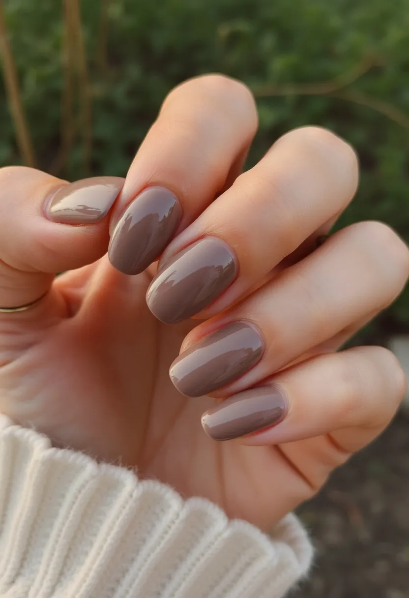 The nail design showcases an elegant taupe color palette, creating a sophisticated and understated look. The nails are medium-length with a rounded-oval shape, giving a feminine and polished appearance. The finish is glossy, indicating that the nails likely received a gel or shellac treatment, known for their high shine and durability. There are no additional patterns or decorations, making this design versatile and suitable for any season or occasion, reflecting minimalism and classic beauty.