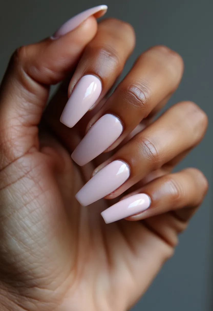 The nail design features long, coffin-shaped nails adorned with a delicate, soft pink color palette. The nails have a glossy finish, suggesting a gel or shellac treatment that enhances their shine and durability. The overall look is simple yet elegant, with a focus on the smooth, uniform coverage of the pink lacquer, devoid of any additional patterns or decorations. This design exudes a versatile charm suitable for both everyday wear and special occasions, making it a timeless, feminine choice.