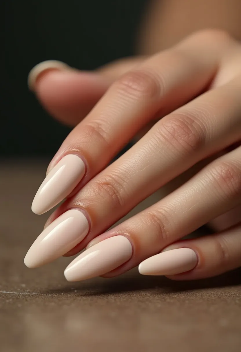 The nail design features a classic and sophisticated look, characterized by a pale nude color palette that exudes elegance and simplicity. The nails are sculpted into a long, almond shape, providing a sleek and elongated appearance. The glossy finish suggests a likely use of gel or shellac treatment, ensuring a durable and shiny surface. There are no intricate patterns or decorations, focusing entirely on the clean, minimalist aesthetic. This versatile design is suitable for various occasions, adding a touch of refinement to both everyday and formal settings. The subtle, neutral hue makes it a timeless choice, adaptable to any season or event.