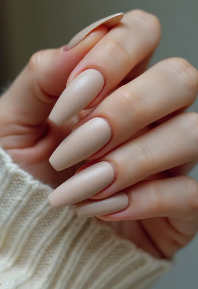 The nail design displays a sophisticated and elegant look with long, squared-off nails painted in a consistent, pale nude color palette. The finish appears to be matte, indicative of a potential gel or acrylic treatment that enhances the sleek, polished appearance. The nails are kept simple and clean, without any intricate patterns or additional decorations, giving them a minimal yet stylish look suitable for various occasions, from everyday wear to formal events. The neutral tone and understated elegance make the design versatile and timeless.