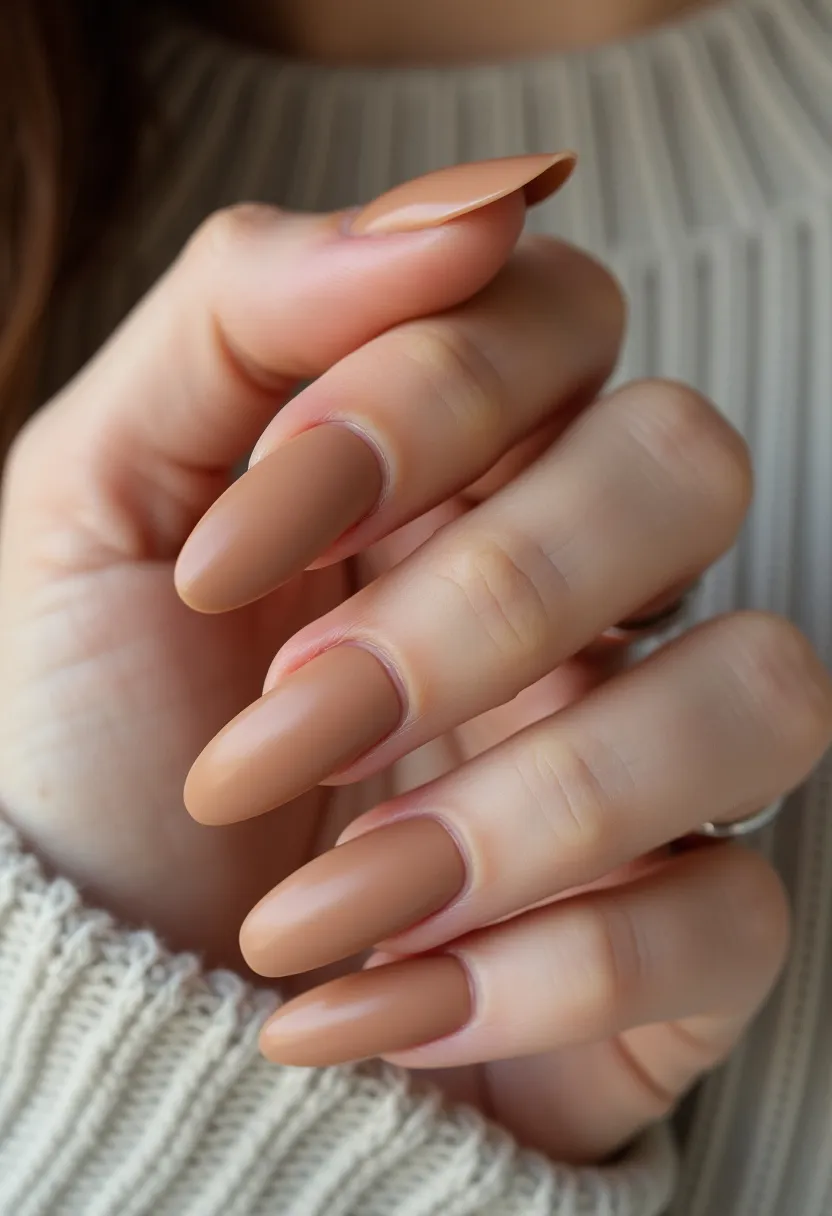 The nails feature an elegant design with an almond shape, which is both stylish and flattering for the fingers. The color palette is a sophisticated matte nude, providing a subtle and understated look. There are no visible intricate patterns or decorations, allowing the sleek simplicity of the matte finish to take center stage. The treatment used appears to be a gel polish, known for its longevity and chip-resistant properties. This nail design is versatile and timeless, suitable for any season or occasion, seamlessly blending with various outfits and styles. The matte finish and neutral shade give it a modern and chic appeal, perfect for both casual and formal settings.