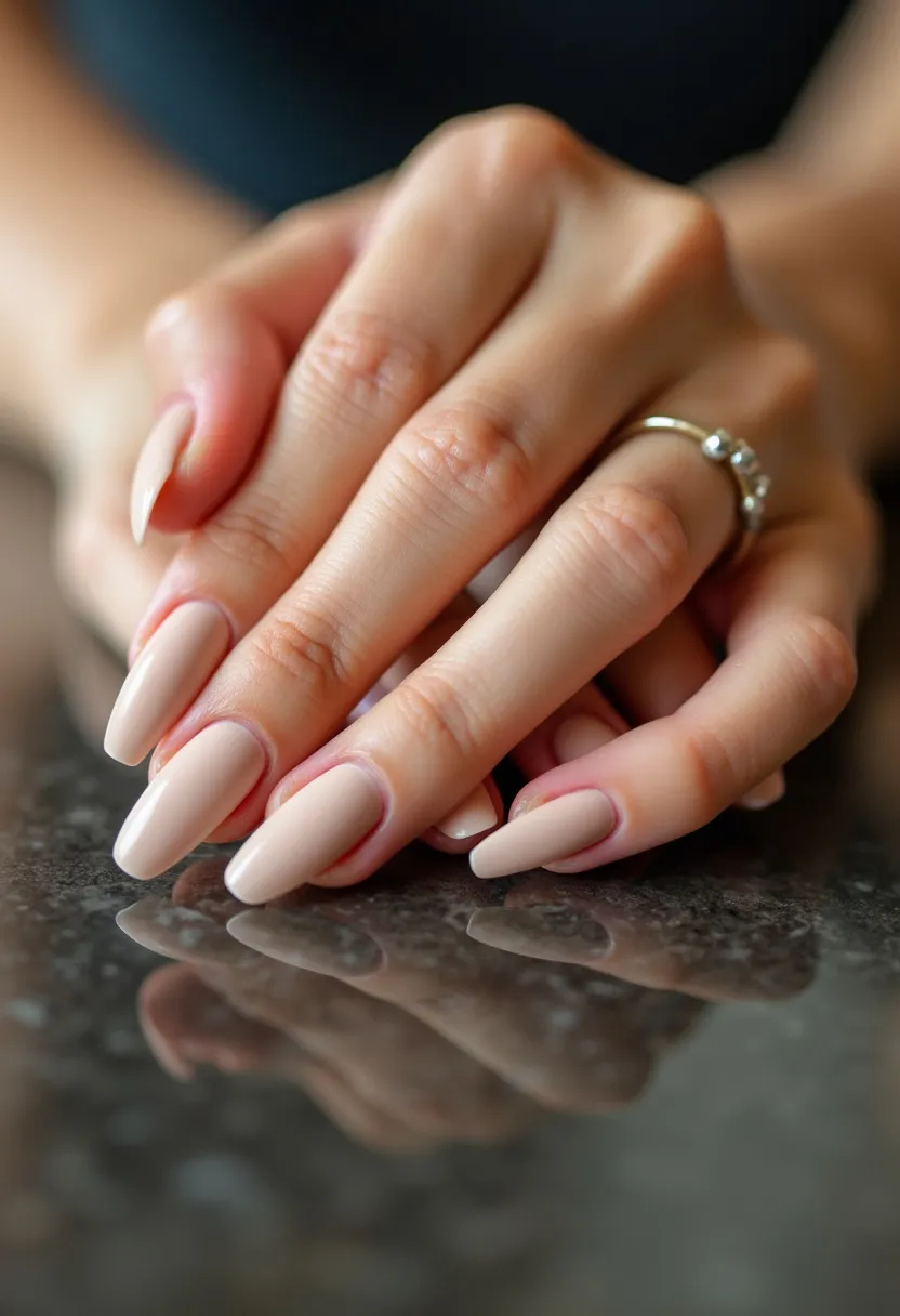 The nail design features almond-shaped nails with a smooth and elegant finish. The color palette is a versatile and sophisticated nude shade, giving a clean and polished look suitable for various occasions. There is a seamless and even application of what appears to be either gel or acrylic, ensuring durability and a glossy finish. The nails are free from any intricate patterns or additional decorations, emphasizing simplicity and elegance. This classic and timeless design is ideal for both everyday wear and formal events, reflecting a minimalist yet chic aesthetic. The uniform length and shape of the nails enhance the overall neat and well-maintained appearance.