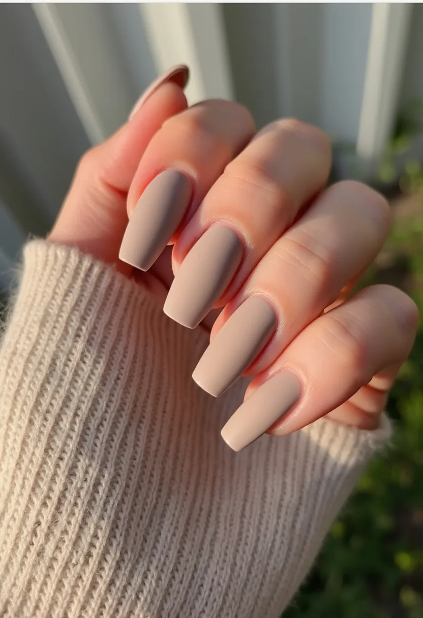 The nail design showcases a neutral and elegant color palette, primarily featuring a soft, matte taupe shade. The nails are shaped into long, squared tips, giving a modern and sophisticated appearance. The matte finish suggests either a gel or acrylic nail treatment, providing a smooth and consistent texture across all nails. There are no intricate patterns or additional decorations, making this design suitable for a minimalist aesthetic. The subdued color and matte finish lend themselves well to a fall or winter theme, fitting nicely with the cozy and muted tones typically associated with these seasons.