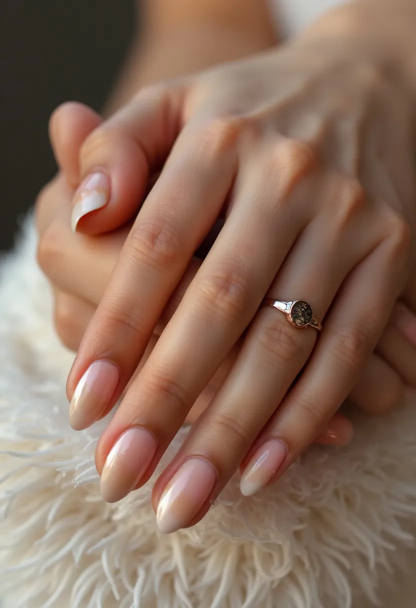 The nail design features a soft, natural color palette with a gradient transitioning from a light pinkish hue near the cuticle to a creamy white at the tips, creating a subtle ombre effect. The nails are shaped in a rounded almond style, contributing to an elegant and graceful appearance. The finish of the nails suggests a polished and glossy look typical of gel treatments, adding a smooth and refined texture. The overall design is minimalistic with no additional patterns or decorations, making it suitable for everyday wear or special occasions like weddings, where subtlety and sophistication are desired. The design conveys a timeless and classic aesthetic, ideal for any season.