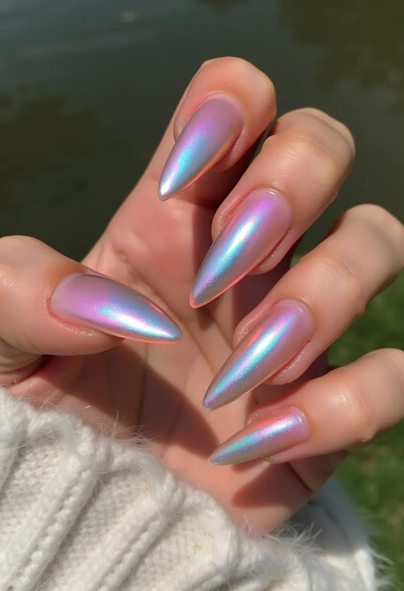 The nail design features a sharp, stiletto shape, creating a dramatic and modern look. The color palette is an iridescent mix of pastel hues, primarily reflecting pinks, blues, and purples, giving a holographic effect. The polish is smooth and ultra-glossy, suggesting the use of gel treatment. The nails exude a futuristic and ethereal vibe, making them suitable for special occasions or adding a unique flair to everyday outfits. The overall design is minimalistic yet striking, emphasizing the mesmerizing color shifts and the elegant shape of the nails.