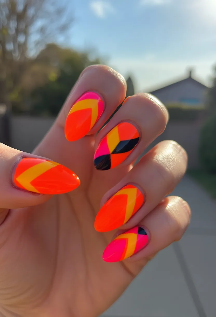 The nail design showcases an eye-catching palette of vibrant neon colors, including bright orange, pink, yellow, and black. The nails are almond-shaped, providing a sleek and elongating look. Each nail features an intricate geometric pattern, with bold, angular sections of color intersecting and overlapping. The design is likely created using gel polish, given the glossy and smooth finish, which also suggests durability. This vivid and dynamic combination of colors and shapes could easily be associated with a daring, playful summer theme, making it ideal for both casual and festive occasions where a striking nail aesthetic is desired.