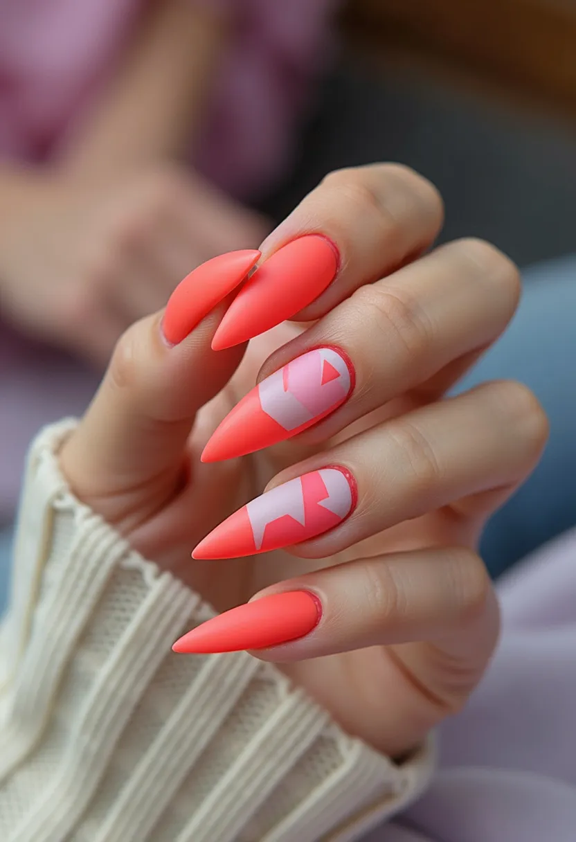 The nail design features a bold and vibrant color palette primarily consisting of a bright coral-red shade, complementing a soft pink background for intricate patterns. The nails are shaped into long, sharp stiletto points, enhancing their dramatic and striking appearance. The design incorporates modern, geometric shapes such as triangles and wide zigzags in a contrasting coral-red color on two of the nails, adding an edgy and artistic flair. The nail treatment appears to be gel, given the smooth and shiny finish, ensuring durability and a sleek look. This design could be perfect for summer, exuding a playful and energetic vibe suitable for festive or celebratory occasions.