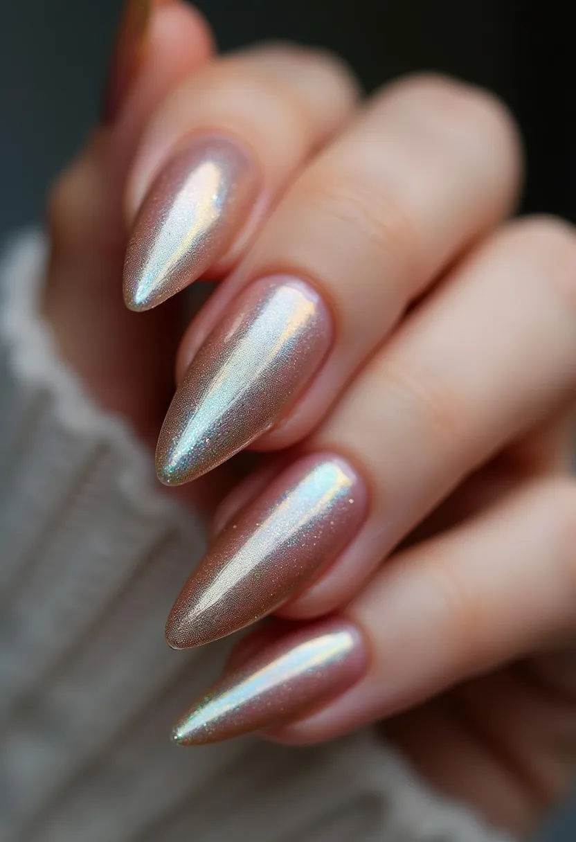 The nail design showcases elongated stiletto-shaped nails coated in a striking metallic finish. The color palette features an iridescent sheen, shifting primarily between shades of soft pink, silver, and subtle hints of blue. The high-shine finish suggests the use of gel treatment to achieve the smooth and glossy texture. The nails exhibit a simple yet sophisticated design with a chromatic appearance, devoid of any additional intricate patterns or embellishments, making them versatile for various occasions. The reflective quality of the polish leans towards a festive or glamorous theme, suitable for special events or celebrations.