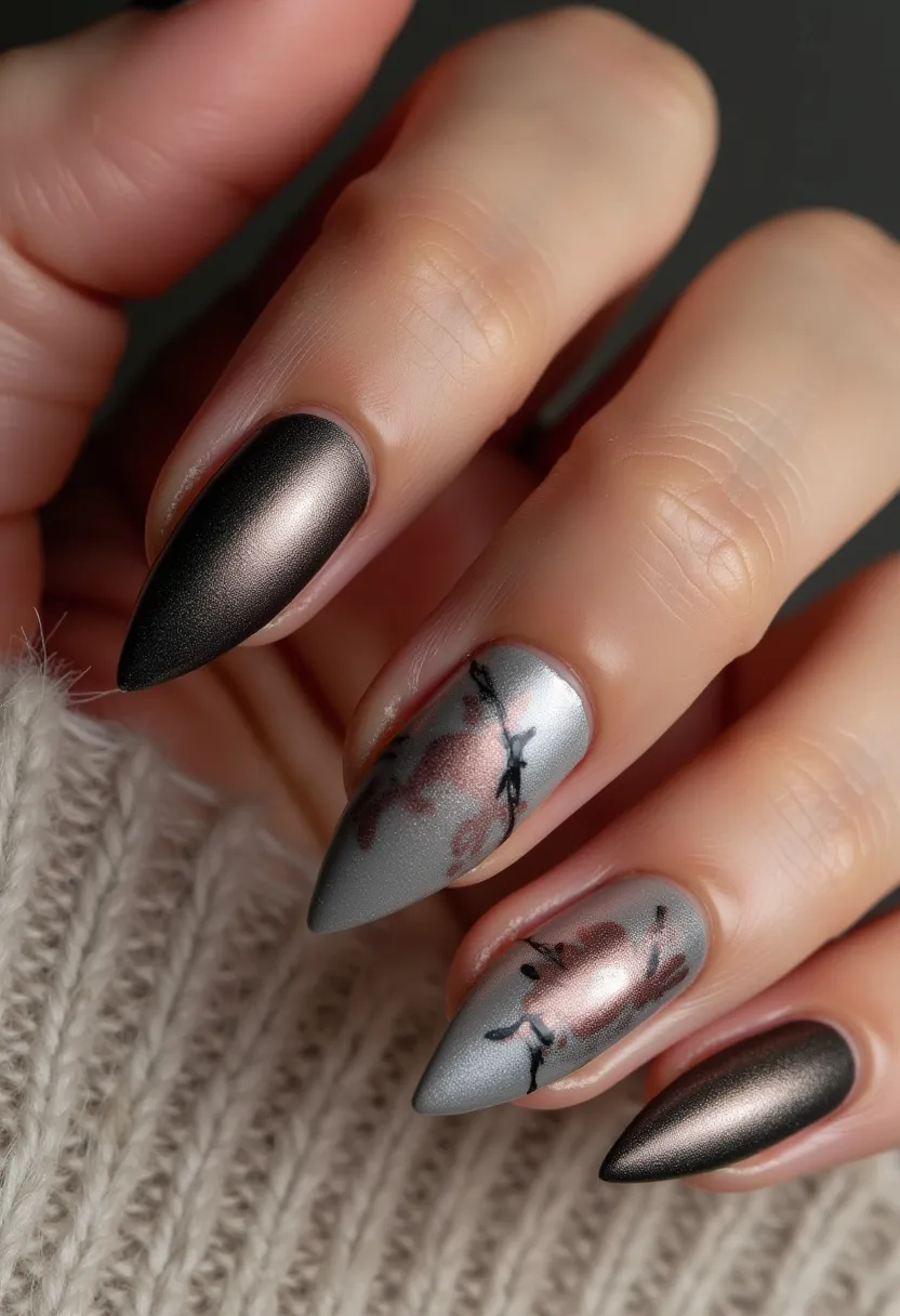 This nail design features a sophisticated palette with muted metallic and matte shades, predominantly using black and silver tones. The nails are shaped into a sharp almond style, giving them a sleek and elegant appearance. Two of the nails are painted in a dark metallic black, adding a striking contrast. The remaining nails display intricate floral patterns in a soft metallic rose color on a pale silver base, with delicate black outlines highlighting the design. This artwork indicates a gel treatment, known for its glossy finish and durability. The floral motifs and color choices suggest a fall or winter theme, ideal for adding a touch of elegance to seasonal festivities or special occasions.