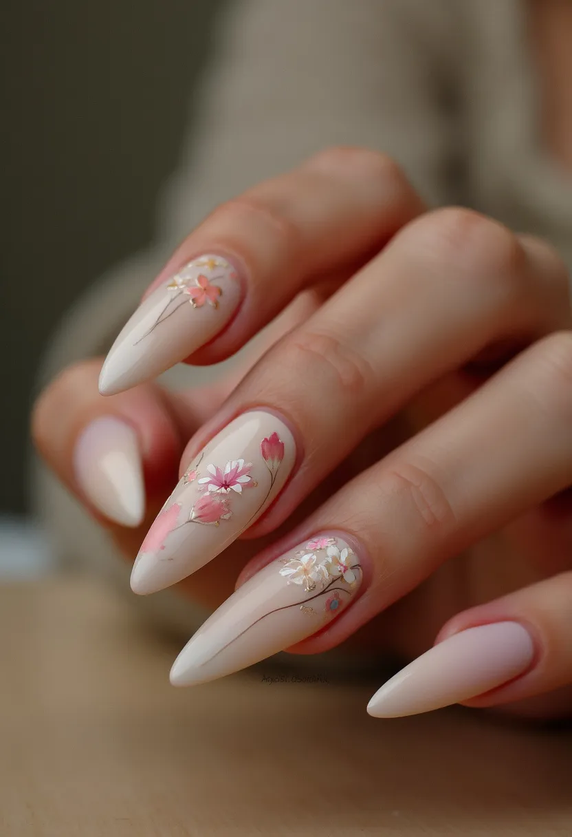 The nail design features a pastel color palette primarily composed of soft pink and nude shades, providing a delicate and feminine look. The nails are almond-shaped, offering an elegant and elongated appearance. Intricate floral patterns are delicately painted on some of the nails, showcasing pink and white flowers with gold accents and fine, thin stems, adding an artistic and whimsical touch. The nails appear to be treated with gel, giving them a glossy and smooth finish. This design is perfect for spring, as it embraces floral elements and light, soft colors associated with the season.