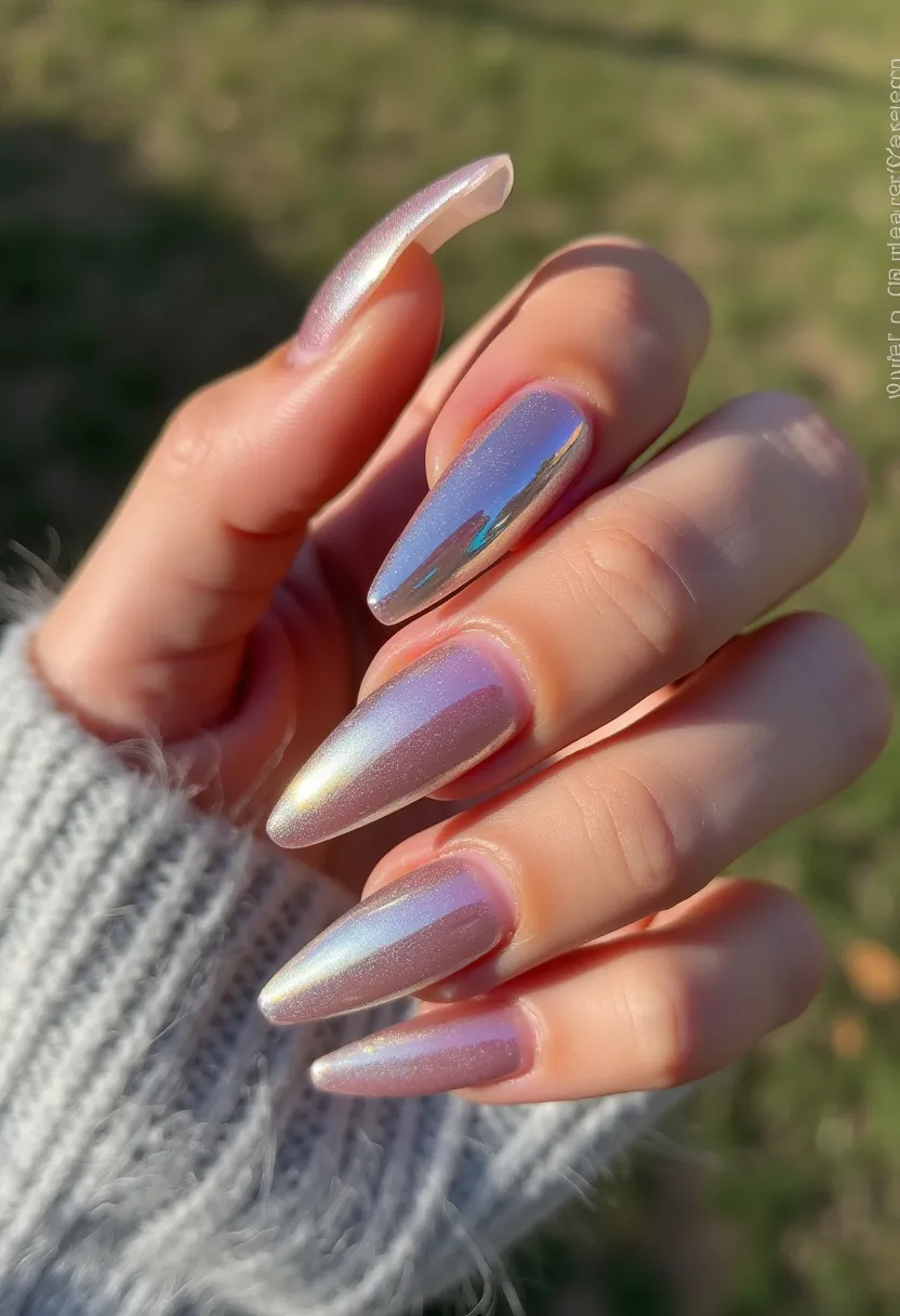 The nails feature a stunning iridescent finish that shifts between soft pastel hues such as light pink, lavender, and subtle blue, creating a holographic effect. The nails are shaped in a long, almond style, offering an elegant and elongated appearance. This design is achieved with a gel treatment, providing a smooth and glossy surface, which enhances the reflective quality of the iridescent polish. The intricate color-changing pattern adds a unique and magical touch, making these nails ideal for festive occasions or to complement a glamorous, modern style. The shimmering, multidimensional effect is perfect for a winter or fairy-tale-inspired theme.