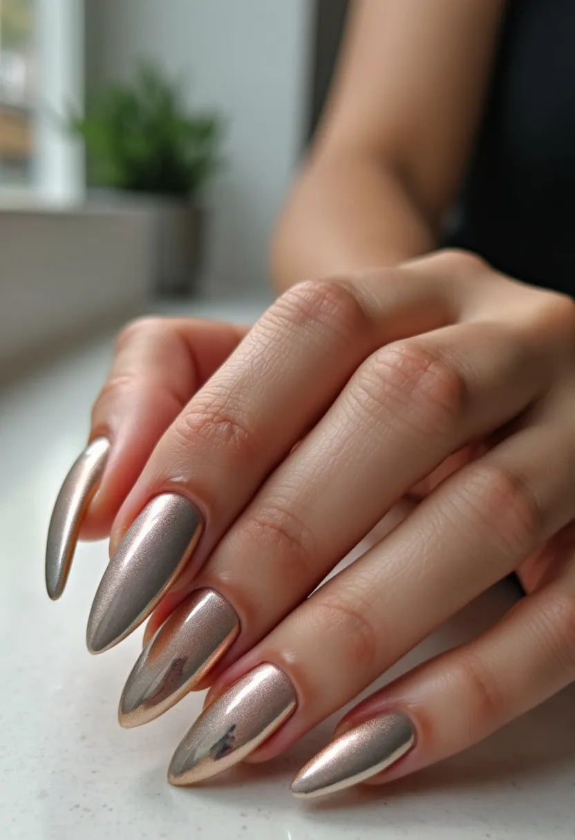 The nail design showcases a stunning metallic rose gold color palette, characterized by a mirror-like chrome finish, suggesting the use of gel or shellac treatment for its shiny and durable look. The nails are sculpted into a pointed or stiletto shape, adding a dramatic and elegant touch. There is a uniform and sleek appearance to the color without any additional intricate patterns or embellishments, highlighting the beauty of the metallic sheen. This glamorous and reflective style is well-suited for festive occasions or formal events, making a bold, eye-catching statement.