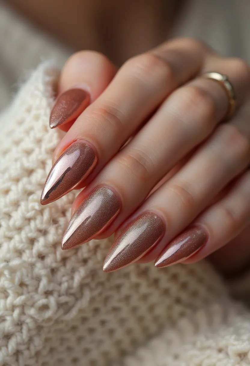 The nail design showcases a luxurious metallic bronze color palette with a subtle shimmer, giving the nails a sophisticated and elegant look. The nails are shaped into long, almond-shaped points, providing a dramatic and striking appearance. This particular manicure appears to utilize a gel nail treatment, as evidenced by the high-gloss finish and the smoothness of the application. The design does not feature any additional intricate patterns or decorations, allowing the metallic sheen to remain the focal point. This nail design is well-suited for autumn and winter seasons, offering a cozy yet glamorous vibe that would be perfect for holiday gatherings or special occasions.