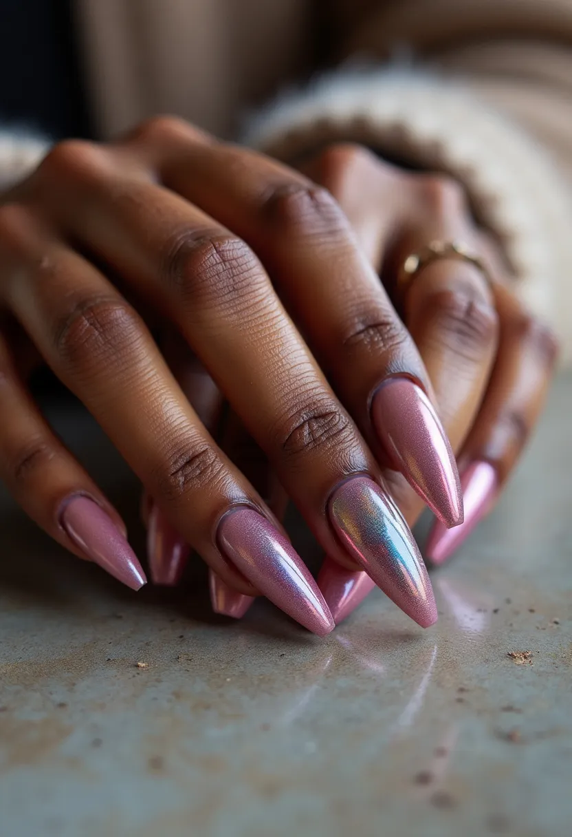 This nail design features long almond-shaped nails adorned with a striking metallic pink color palette. The nails exhibit a sophisticated and glossy finish, suggesting a gel or shellac treatment that enhances their durability and shine. One of the nails, presumably the ring finger, showcases a holographic pattern that adds an intriguing and unique flair to the overall design. The holographic effect reflects various shades depending on the light, creating a captivating visual effect. This nail design with its metallic sheen and holographic accents would be ideal for festive occasions or special events, making a bold and stylish statement.