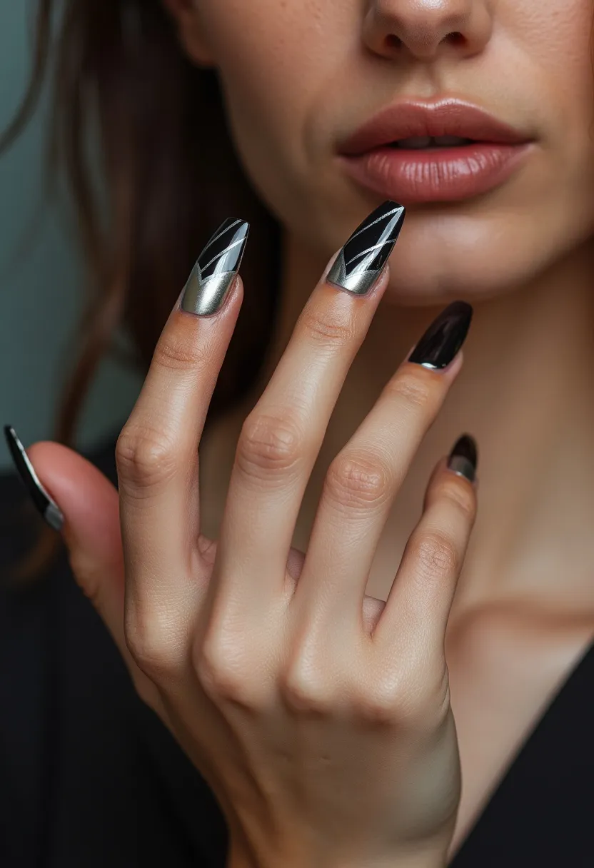 The nail design features an elegant combination of metallic silver and jet black, creating a sophisticated and edgy look. The nails are almond-shaped and appear to be polished using gel, which gives them a glossy and durable finish. Some nails are painted entirely in black, while others showcase intricate patterns with geometric shapes, blending black and silver in a visually striking manner. The design seems to utilize sharp, angular lines to create a modern, almost futuristic aesthetic. This manicure could easily complement a chic evening outfit or a special occasion where a bold, refined style is desired.