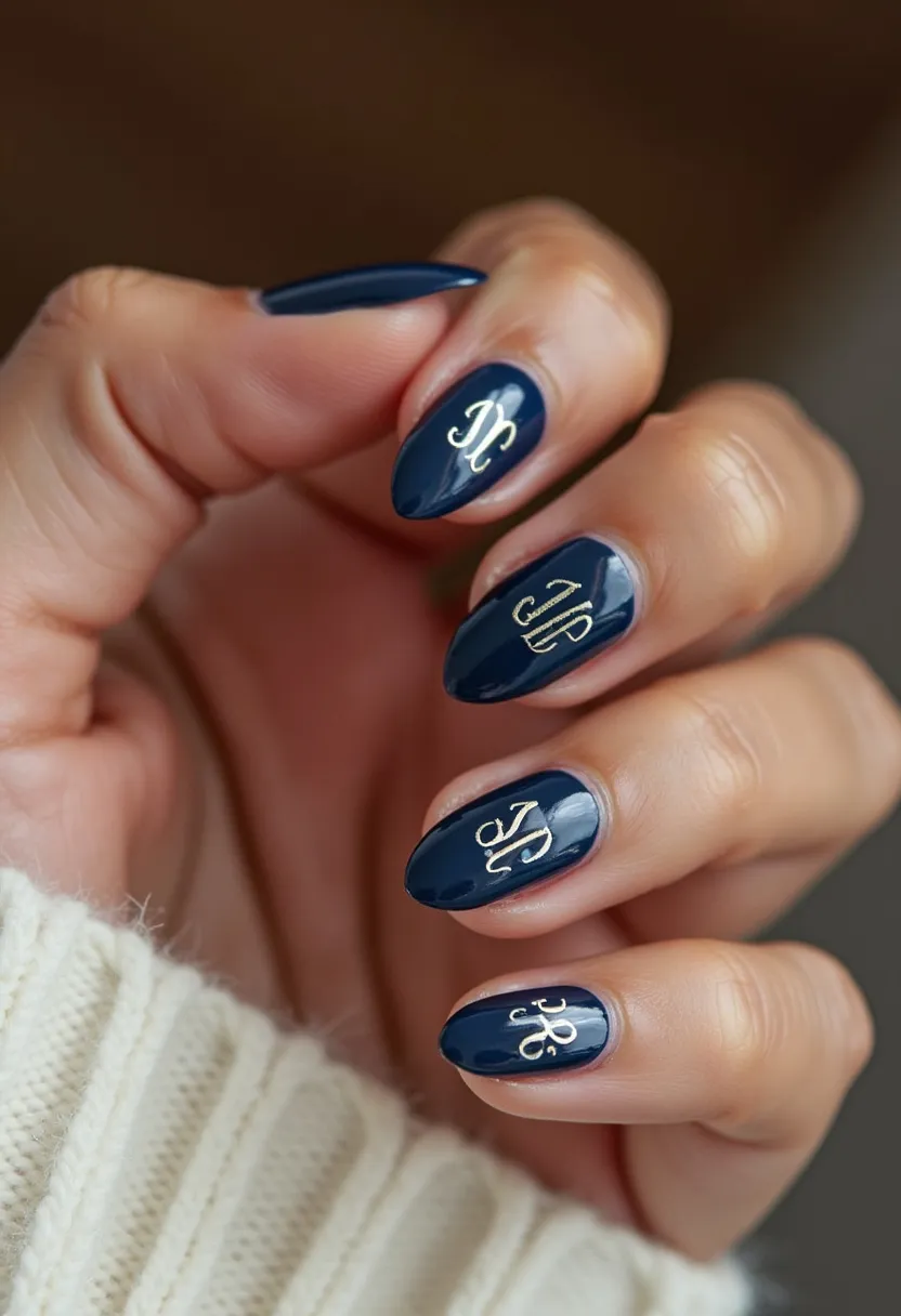 The nail design features medium-length nails with an almond shape, rendered in a glossy deep navy blue color. The nails appear to be treated with gel polish, giving them a smooth and lustrous finish. Each nail is adorned with an elegant gold monogram-like design, adding a touch of sophistication and personalization to the overall look. The combination of deep blue and gold embellishments creates a classy and striking contrast, making these nails suitable for a festive or formal occasion. The intricate detailing of the gold designs appears consistent across all nails, enhancing their overall cohesiveness and refined aesthetic.