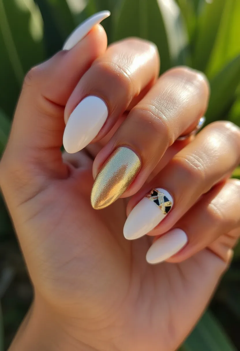 The nail design consists of a sophisticated color palette featuring predominantly white nails with a single accent nail in shimmering gold. The nails are shaped in a rounded almond style, providing an elegant and feminine look. Intricate decorative elements are present, including a unique pattern on the ring finger, which showcases a combination of gold and black geometric shapes for a stylish and modern touch. The nails appear to be treated with a solid, glossy finish, likely achieved through a gel or shellac treatment to ensure durability and shine. This design might be well-suited for special occasions or seasonal celebrations, highlighting both simplicity and a hint of glamour.