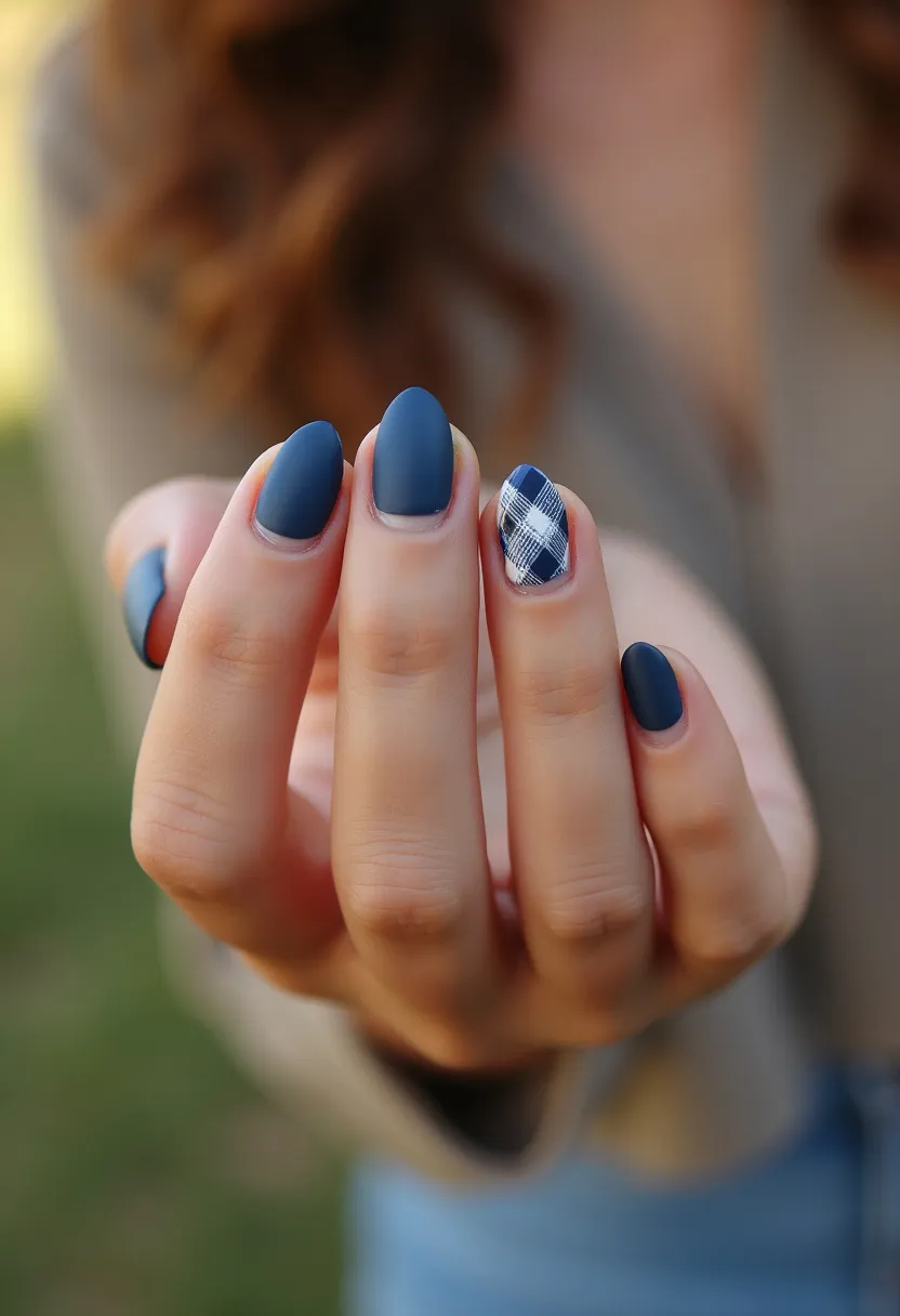 The nail design features a matte navy blue color palette on almond-shaped nails. The nails are predominantly coated in a solid navy blue shade, with the exception of the ring finger, which displays an intricate plaid pattern in white and navy blue. The use of a matte finish suggests the application of gel or possibly dip powder for added durability and smooth texture. The plaid design adds a trendy, seasonal touch that could be suitable for fall or winter, evocative of cozy, warm fabrics often worn during these times. The choice of a singular accent nail with a detailed pattern gives the manicure a stylish yet understated look appropriate for both casual and festive occasions.