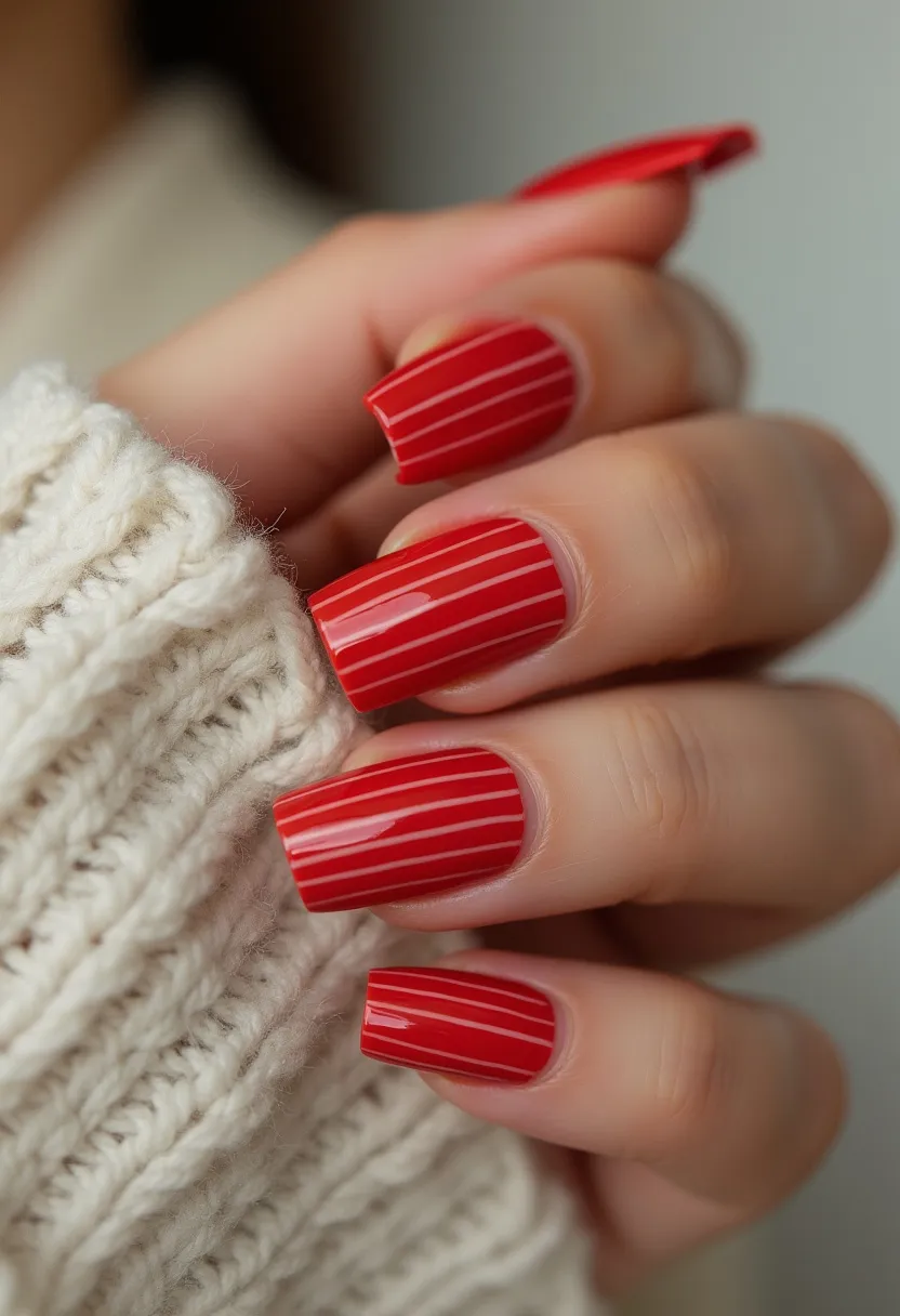 The nail design features a vibrant, red color palette with a glossy finish that suggests the use of gel or shellac treatment. The nails are medium length and have a square shape with smooth, well-defined edges. Intricate patterns of evenly spaced, thin white vertical stripes adorn each nail, creating a striking contrast against the red base. The design appears clean and precise, adding a touch of sophistication and a festive flair, making it a suitable choice for seasonal events such as Christmas or other celebrations. The overall look is polished and professional, emphasizing both elegance and holiday cheer.