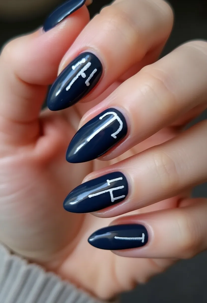 The nail design features a sleek and elegant style with a deep navy-blue color palette, giving it a sophisticated look. The nails are shaped into a sharp almond shape, providing a modern and polished finish. Intricate white symbols or characters are detailed on each nail, adding a hint of uniqueness and personal expression to the design. The glossy finish suggests the use of gel or possibly shellac treatment, enhancing the durability and shine of the manicure. The combination of the dark blue base with white accents captures a chic and stylish aesthetic, suitable for various special occasions or as a statement autumn/winter look.