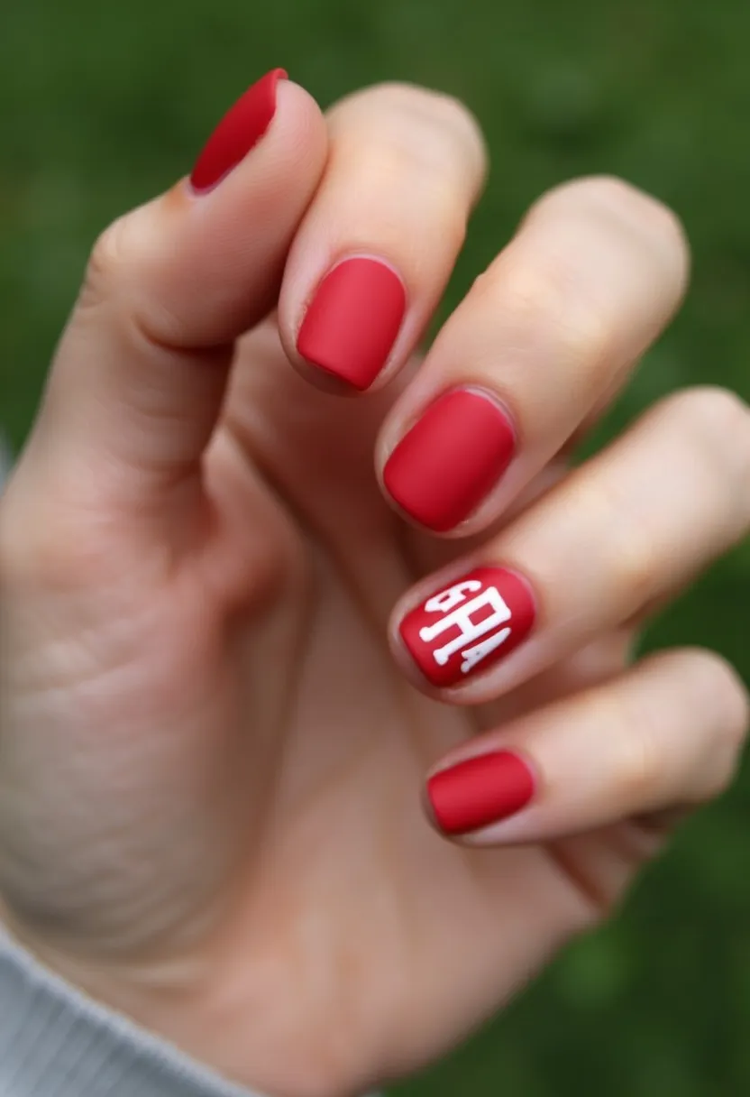 The nail design features a vibrant red color palette with a matte finish, which adds a sophisticated touch to the overall look. The nails are of a short to medium length and exhibit a squoval shape, blending the square and oval nail shapes for a modern aesthetic. The ring fingernail includes an intricate white design with what appears to be lettering or a pattern that contrasts elegantly with the red base, adding a personalized or thematic element. The treatment used for this manicure is likely gel, given the smooth finish and durability implied by the immaculate presentation. This design is versatile and could be suitable for a variety of occasions, but the bold color and neat lettering suggest it might be fitting for festive or celebratory events.