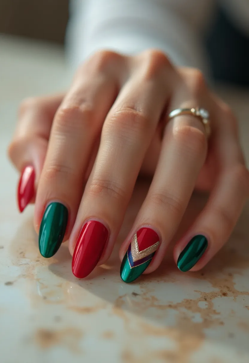 This nail design features a festive color palette dominated by deep red and green hues, suitable for a holiday or Christmas theme. The nails are almond-shaped, creating an elegant and feminine look. An intricate design on one of the nails includes a chevron pattern in gold, red, blue, and green colors, adding a sophisticated touch and eye-catching detail. The finish of the nails suggests a gel treatment, giving them a glossy, polished appearance that enhances the vibrancy of the colors. The overall design is both stylish and festive, making it perfect for special celebrations during the holiday season.