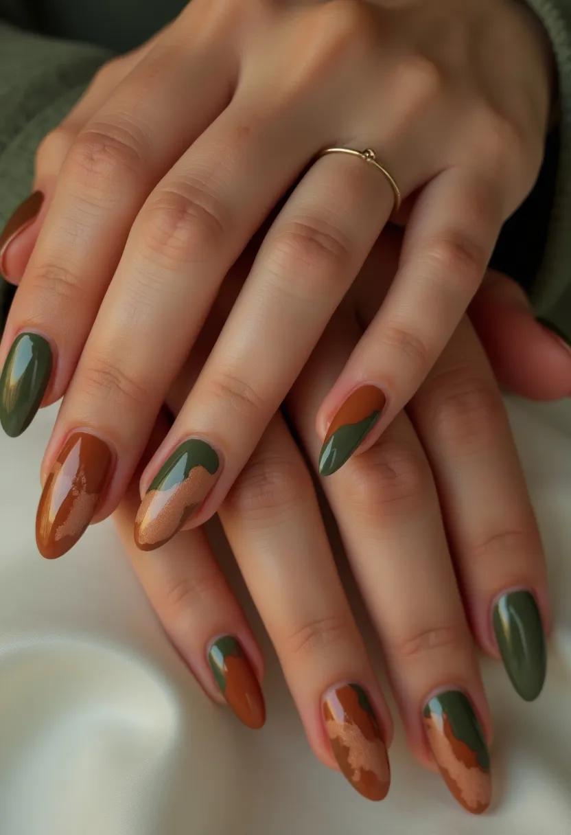 This nail design features a rich autumn-inspired color palette with shades of earthy green, terracotta brown, and a touch of metallic gold. The nails are shaped into a sleek almond form, offering a stylish and elongated look. The intricate pattern combines these colors in an abstract, overlapping design that creates a warm, organic feel suitable for the fall season. It appears that a gel treatment has been used to achieve the glossy finish and smooth application of colors. The unique details and color combination make this nail design perfect for autumn, evoking a sense of coziness and natural beauty.