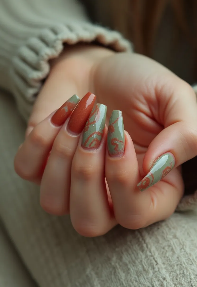 This nail design features a sophisticated autumn-inspired look with a color palette of muted sage green and warm rust orange. The nails are shaped into long, square tips, providing an elegant and lengthened appearance. The primary treatment appears to be gel, offering a glossy finish and durability. Most of the nails are painted a solid sage green, accentuated with intricate, swirling patterns in a shimmering rust hue, creating a textured, almost botanical design. One nail on each hand is fully painted in the rich rust color, providing a striking contrast against the softer green. This design is perfect for the fall season, combining earthy tones with delicate detailing, making it suitable for both everyday wear and special occasions.