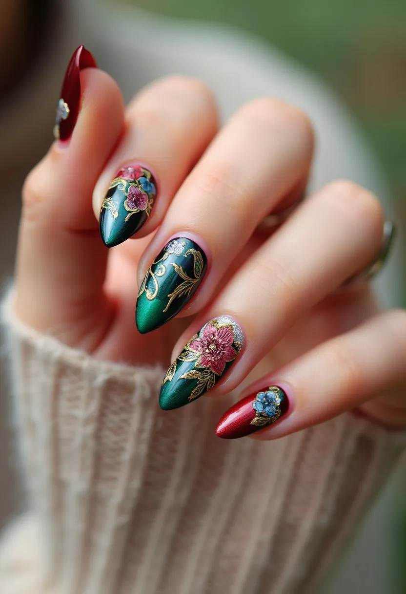 The nail design features a sophisticated and elegant palette with deep green and rich red as the primary colors, creating a striking contrast. The nails are shaped in a pointed, almond style, emphasizing their elegance. Intricate floral patterns adorn the nails, with meticulously detailed flowers in hues of pink and blue, highlighted with gold accents on the petals and leaves. The design appears to be achieved using gel nail treatment, which gives the nails a glossy, smooth finish. The incorporation of these luxurious colors and detailed floral patterns suggests a design suited for festive or formal occasions, possibly evoking a holiday or celebratory theme.