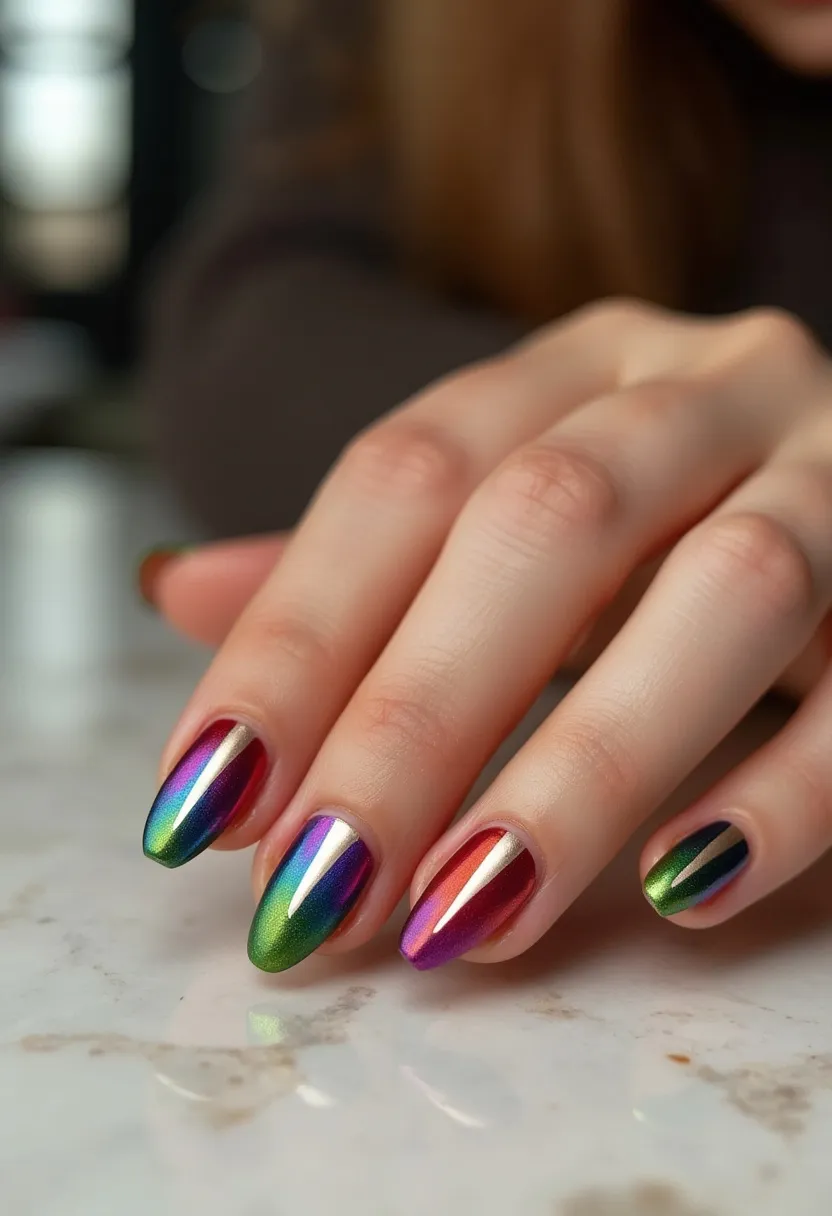 The nail design showcased features a captivating and vibrant color palette dominated by metallic hues, including shades of green, purple, blue, and red, which create a striking chromatic effect. The nails are shaped into a sleek almond form, which complements the gradient and reflective nature of the metallic polish. Each nail displays an intricate and consistent pattern, with a subtle gold central stripe running vertically down the middle, adding a touch of elegance and symmetry to the design. The finish appears to be a gel treatment, giving the nails a high-gloss, durable, and chip-resistant appearance. This design has a festive and modern aesthetic, making it suitable for celebratory occasions or a statement look during the holiday season.