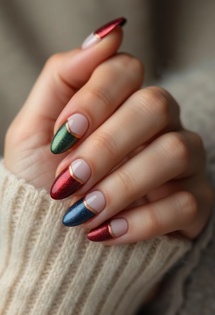 The nail design features almond-shaped nails with a sophisticated use of colors and metallic accents. The palette includes a mix of shimmering green, red, and blue hues, each occupying a different section of the nails, giving a vibrant yet elegant appearance. A thin, gold metallic line separates the colored tip from the natural nail bed, adding a refined touch. The nude base provides a clean backdrop, enhancing the contrast with the vivid tips. This design appears to be achieved with gel polish, known for its glossy finish and durability, highlighting the festive and possibly holiday-inspired theme of the nails. The combination of rich colors and metallic accents suggests a design perfect for a special occasion or seasonal celebration.