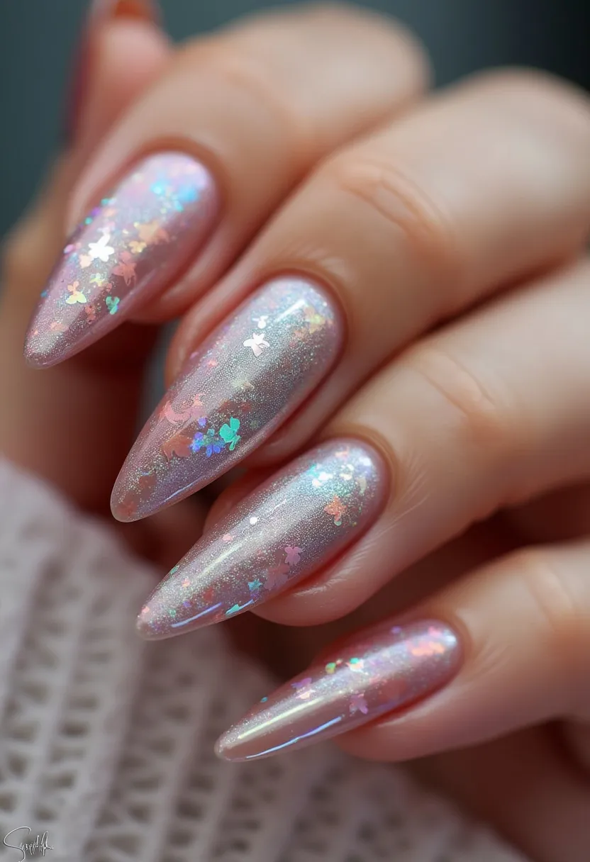 This nail design features an almond nail shape adorned with a delicate and ethereal color palette dominated by soft pinks, shimmery silvers, and opalescent hues. The nails are decorated with intricate holographic butterfly-shaped confetti that glistens in various colors, adding a whimsical and dreamy touch. The finish appears to be achieved through a gel treatment, enhancing the glossy and smooth appearance while ensuring durability. The design exudes a fairy-like, whimsical theme, making it particularly suitable for spring or summer seasons and special occasions such as weddings or garden parties.