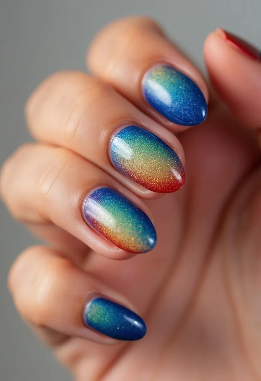 This nail design features almond-shaped nails adorned with a vibrant gradient color palette that transitions smoothly from deep blue at the cuticle to green, yellow, and finally red at the tips. Each nail exhibits a glittery finish, offering a sparkling effect that enhances the gradient's visual appeal. The nails appear to be treated with a gel application, ensuring a glossy and long-lasting finish. This multi-hued and sparkling design could be suitable for festive occasions or celebrations, providing a colorful and eye-catching look. The smooth blend of colors and the shimmering texture make the design both playful and sophisticated.