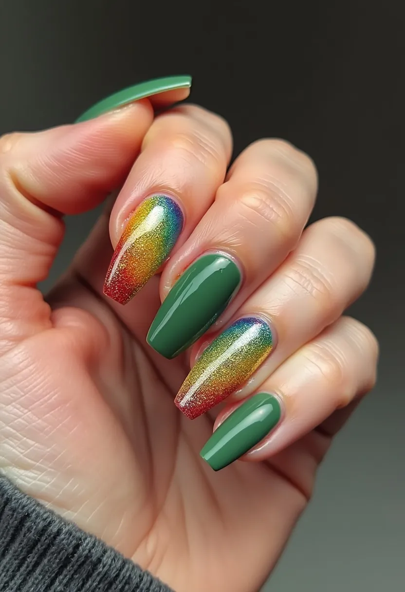 This nail design showcases a vibrant and colorful palette, featuring deep green as the base color for the majority of the nails and a striking rainbow gradient on selected nails. The nails are shaped in a long, tapered coffin style, adding an elegant and sophisticated look. The rainbow gradient is intricate, with a smooth blend of colors that transition from red at the tips to blue near the cuticles, creating a shimmering effect. The treatment used appears to be gel, given the glossy finish and durability. This design exudes festivity, making it suitable for special occasions or seasonal celebrations. The combination of bold green and a rainbow pattern presents a unique and eye-catching contrast, indicative of creativity and a joyful theme.