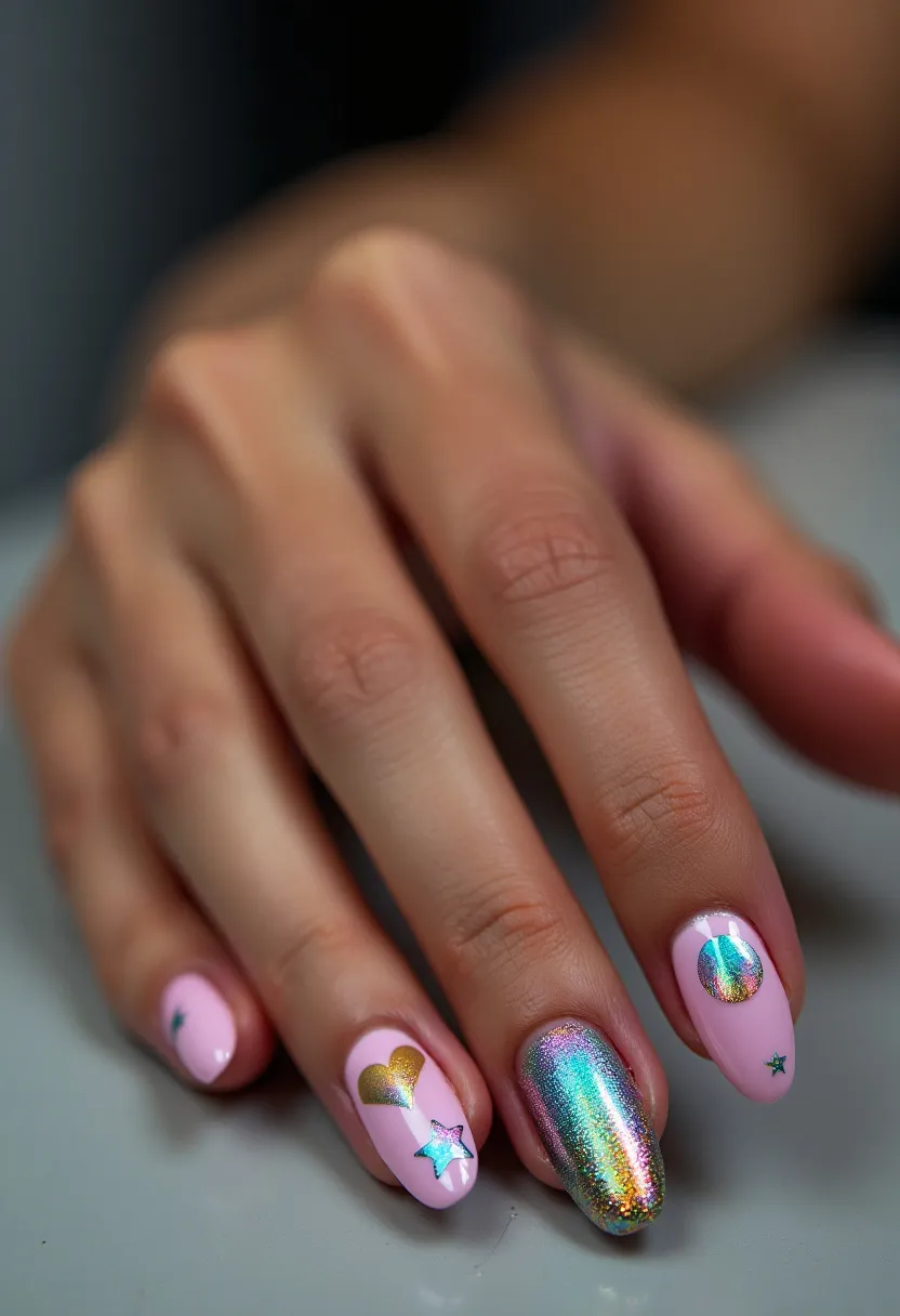 This nail design showcases a playful and vibrant look. The nails are medium-length with an oval shape, featuring a base color of pastel pink. Intricate patterns include metallic holographic decals in the shapes of stars, circles, and hearts, lending a whimsical touch to the nails. One nail is fully coated with a stunning holographic chrome finish, reflecting various colors under light. The treatment appears to be gel, providing a glossy and durable finish. This design is perfect for festive occasions or a party season, creating a standout, playful look with its eye-catching elements and sparkling details.