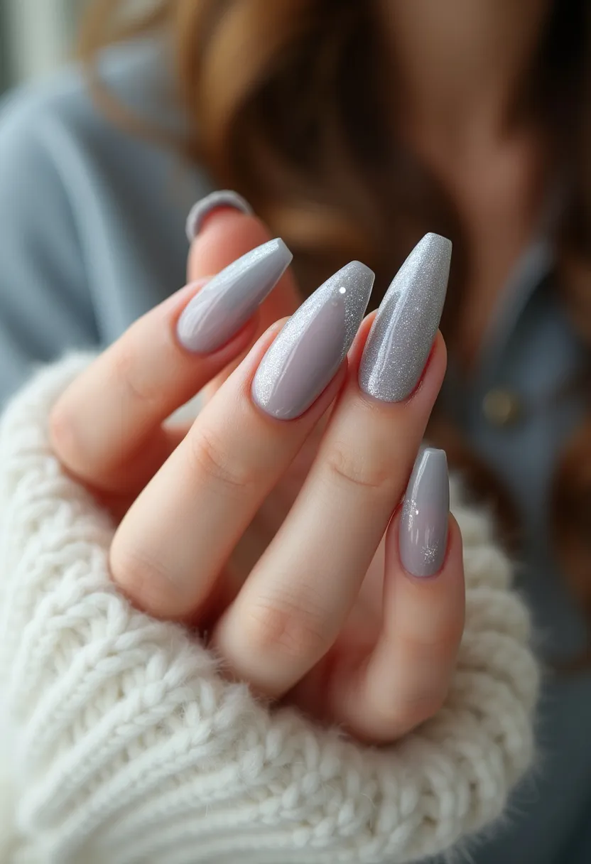 The nail design showcased features a sophisticated and wintry aesthetic, primarily utilizing a color palette of light grey and silver tones. The nails are sculpted into a coffin shape, characterized by their long and tapered tip. Each nail is treated with a shiny, reflective gel polish that ensures a sleek finish. Adding a festive touch, some nails are adorned with intricate, shimmering details such as minute glitter accents and possibly small, delicate patterns resembling snowflakes. This design exudes a graceful, seasonal charm ideal for winter or holiday occasions, highlighting a careful balance of simplicity and elegance.