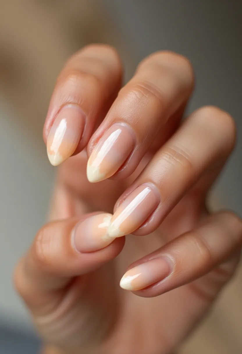 This nail design features a natural and subtle look, with a delicate gradient of soft beige and light cream hues, creating a barely-there ombre effect. The nails are medium length and almond-shaped, offering a sophisticated and elongated appearance. The glossy finish suggests the use of gel nail treatment, providing a smooth and high-shine surface. The design is minimalistic with no additional patterns or decorations, making it a versatile choice suitable for everyday wear or special occasions where a refined and understated style is preferred.