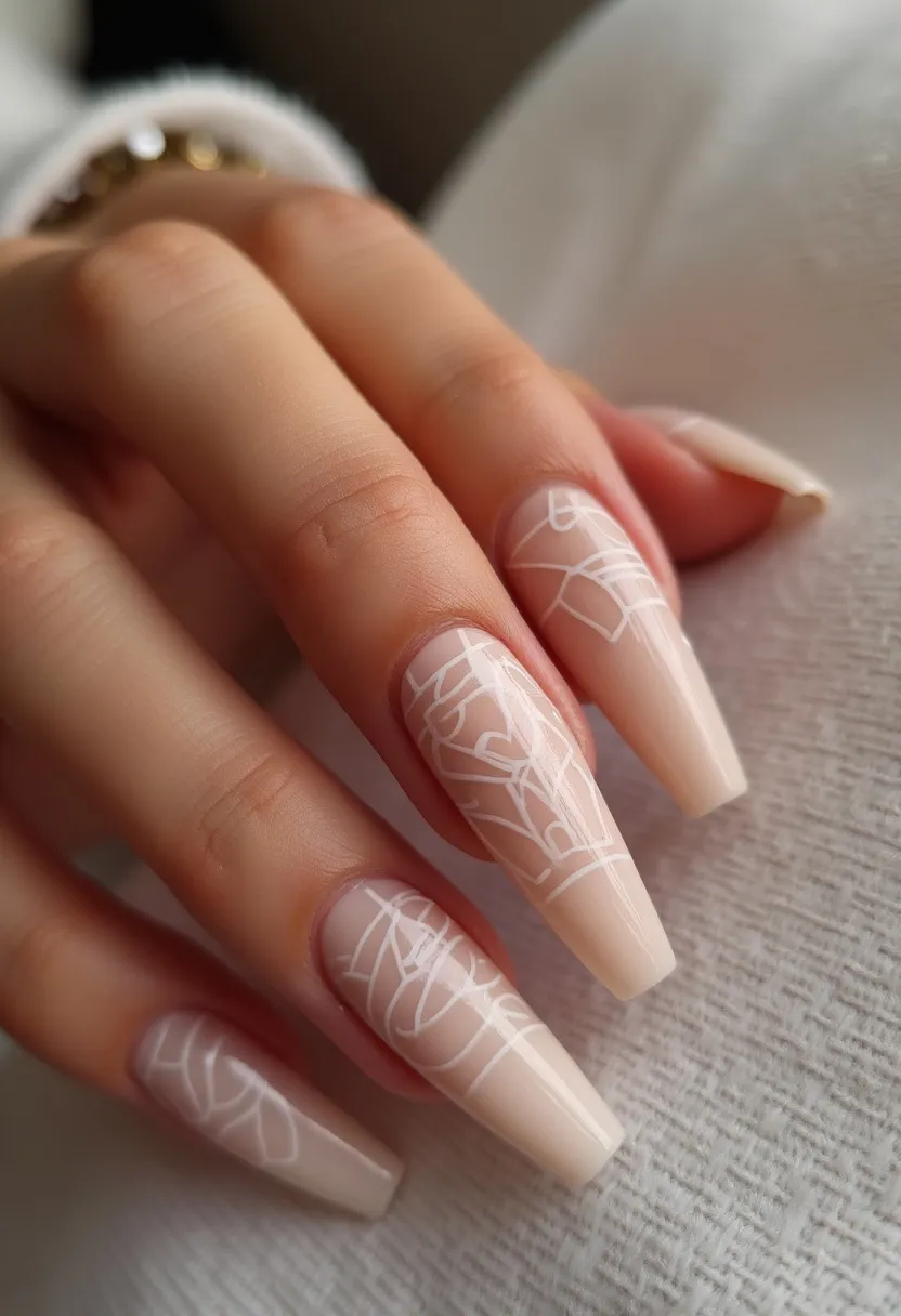 The nail design features long, coffin-shaped nails with a pale nude base color. The nails are decorated with intricate white line art, creating a delicate and elegant pattern that adds a sophisticated touch to the overall look. The type of nail treatment appears to be gel, known for its durability and glossy finish. This minimalist yet chic design is versatile and suitable for various occasions, from everyday wear to special events. The neutral color palette and subtle detailing suggest it can be worn year-round, making it a timeless choice in nail art.