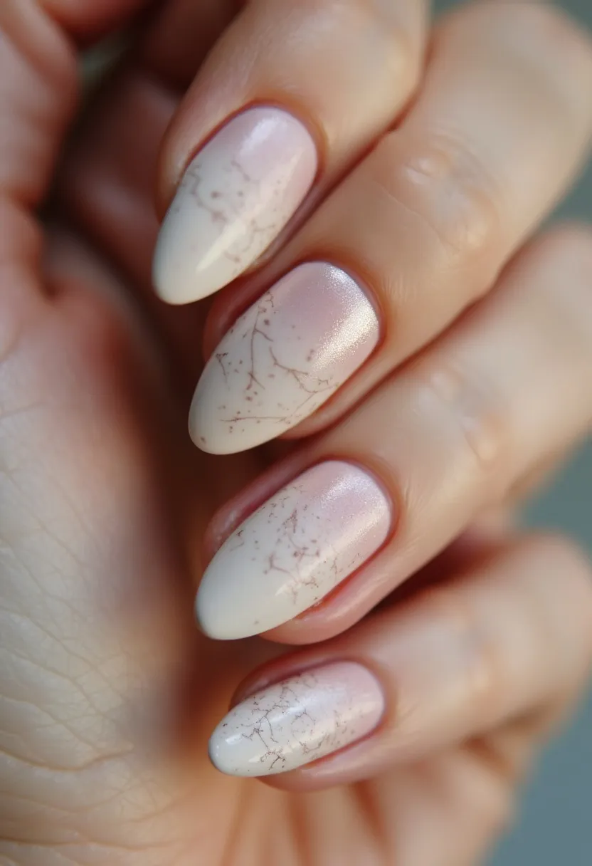 The nail design features a soft and elegant color palette dominated by pastel hues, including a gradient of light pink and creamy white. The nails are shaped into almond forms, providing a sleek and refined appearance. Each nail showcases a delicate marble pattern in muted brown tones, adding an intricate, artistic touch to the overall design. This nail art appears to be accomplished with either gel or shellac treatment, given the glossy and smooth finish. The subtle blend of colors and sophisticated patterns make this design suitable for seasonal themes like spring or special occasions such as weddings or formal gatherings. The gentle shimmer in the pink overlay adds a hint of elegance and refinement to the entire look.