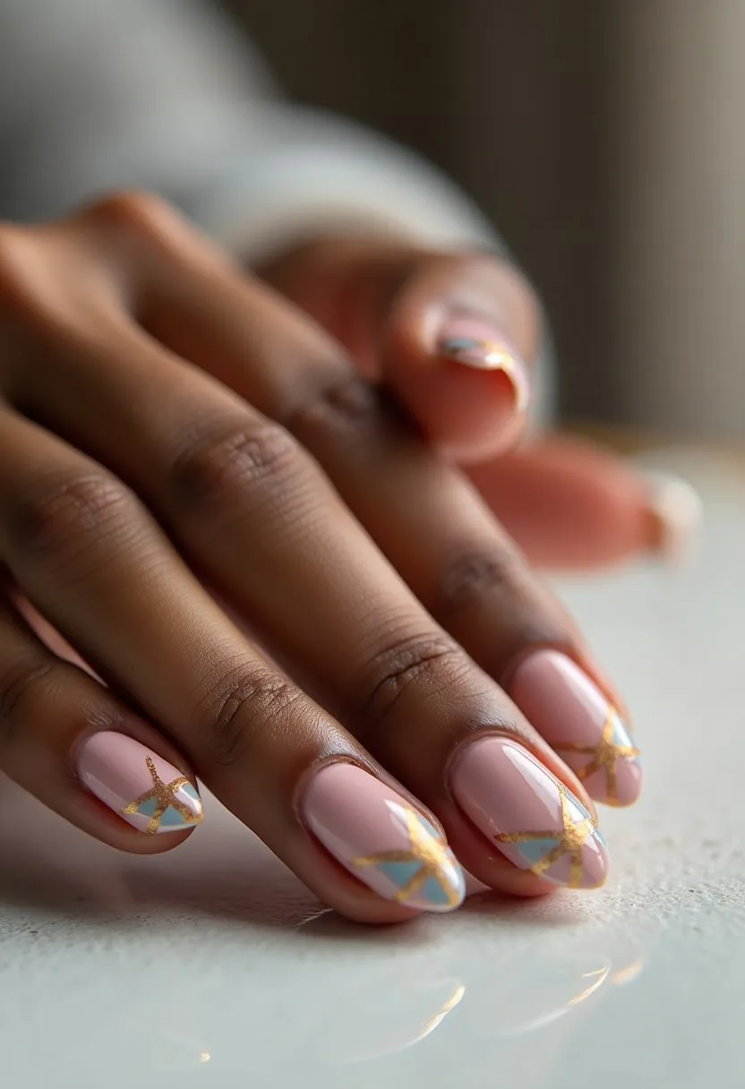 The nail design showcases an elegant color palette composed of a soft pastel pink base complemented by geometric accents. The nails are almond-shaped, highlighting the sophisticated and graceful look. Intricate triangular patterns in muted blue and white hues are set along the tips, intersected by delicate golden lines. This artistry suggests a gel nail treatment, given the glossy and smooth finish. The combination of pastel colors and golden accents evokes a chic and polished vibe, suitable for both everyday elegance and special occasions such as weddings or formal events. The overall design is subtly playful yet refined, making it versatile for various seasonal themes.