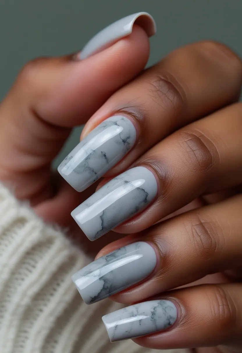 The nail design features a sophisticated marble effect, predominantly in shades of grey and white. The nails are medium to long in length and shaped in a square or squoval style, creating a modern and elegant look. The intricate patterns resemble natural marble with subtle, wispy veins, lending an artistic and high-end touch to the overall design. This set appears to be done using gel nail treatment, given the glossy finish and smooth, even application. The combination of the muted color palette and marble pattern makes the design suitable for various seasons and occasions, providing a versatile yet chic aesthetic.