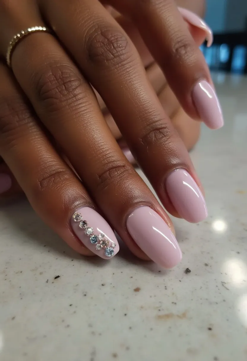 This nail design features an elegant and understated color palette with a soft, pastel pink as the base color. The nails are almond-shaped, giving them a sleek and sophisticated appearance. The design includes intricate decorations, specifically on the ring finger, where a vertical line of rhinestones in varying sizes and slightly contrasting colors adds a touch of glamour and sparkle. The nails appear to be done with a gel treatment, providing a glossy and smooth finish that enhances the overall look. This design exudes a timeless elegance suitable for special occasions such as weddings or formal events, making it perfect for those who appreciate a blend of simplicity and subtle luxury.