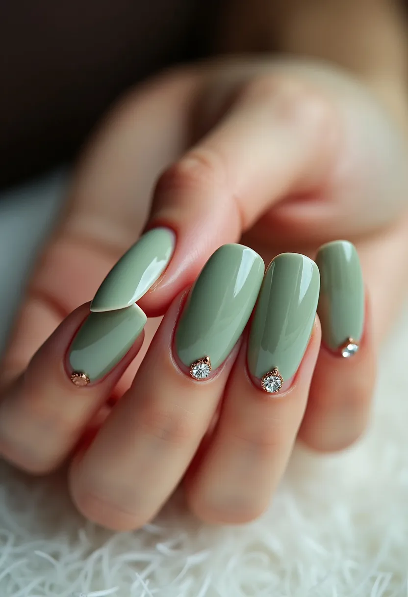 The nail design showcases a soft sage green color palette, bringing a calm and sophisticated aura to the manicure. The nails are shaped in a sleek, almond style, contributing to an elegant and elongated appearance. This manicure employs a gel treatment, providing a glossy and high-shine finish. Each nail is adorned with a singular, intricately placed rhinestone near the cuticle, framed by a subtle gold embellishment, adding a touch of luxury and refinement. The design and color choice are subtle and versatile, making it suitable for various occasions, including seasonal transitions or formal events.