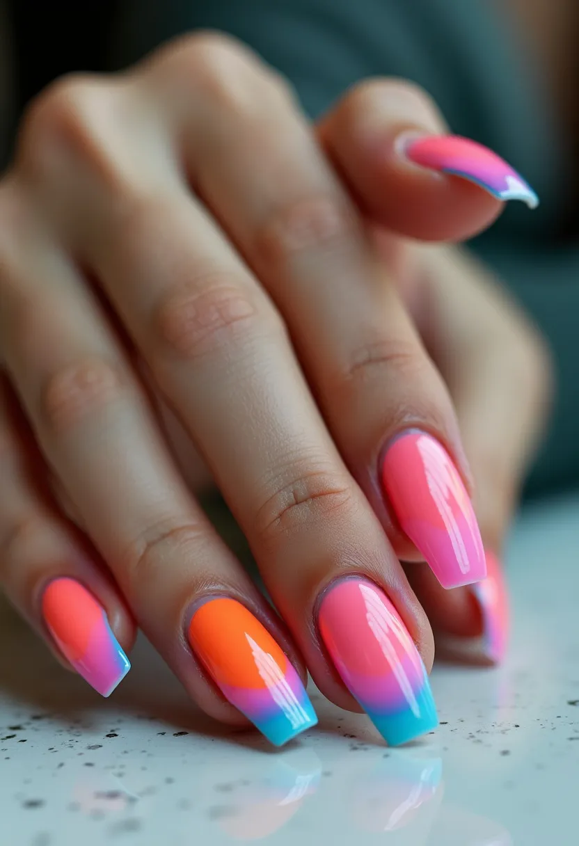 The nail design features a vibrant color palette with hues of pink, orange, and blue blended together seamlessly in an ombre effect, creating a striking and colorful design. The nails are shaped into a long, coffin or ballerina style, which provides ample space for the ombre gradient. The treatment used appears to be gel, providing a glossy and smooth finish that enhances the bright colors. This nail art is ideal for a summer theme due to its lively and warm color scheme, perfect for beach outings or sunny vacations. The overall design is eye-catching and modern, showcasing a perfect blend of chic fashion and playful colors.