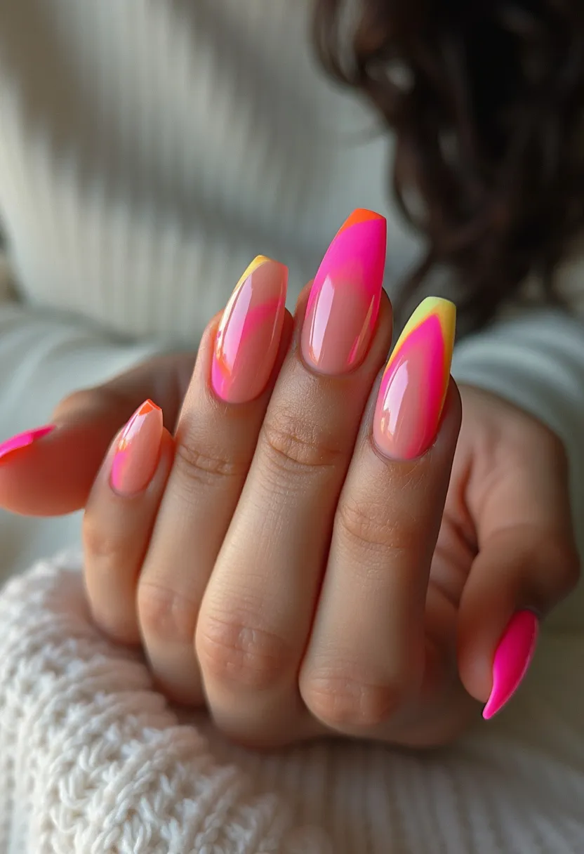 The nails feature a vibrant ombré design with a bold color palette of neon pink and yellow. The shape of the nails is almond, which adds elegance and elongates the fingers. The ombré effect transitions smoothly from a neon pink at the tips to a bright yellow, creating a striking and eye-catching gradient. The nails are adorned with a glossy finish, suggesting the use of either gel or acrylic treatment, which enhances the overall look with a sleek and polished appearance. This nail design exudes a summery vibe, making it perfect for warm-weather events or festive occasions, and is certain to stand out with its bright, cheerful colors.