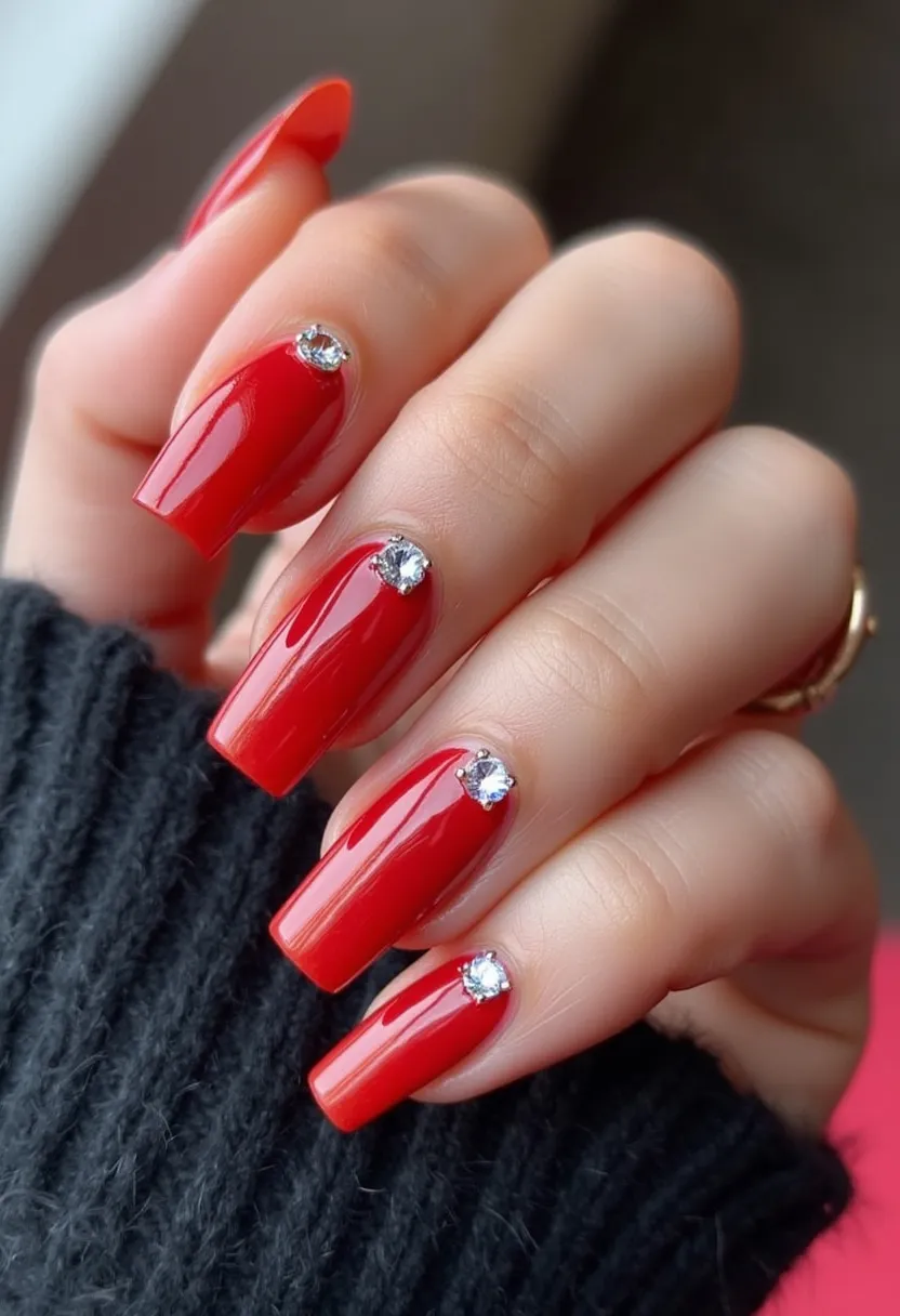 The nail design features a striking and bold red color palette, with a glossy finish, suggesting a gel treatment that provides a smooth, high-shine appearance. The nails are shaped into medium-length square tips, offering a modern and edgy look. Adorning each nail near the cuticle is a single, large, clear rhinestone that adds a touch of glamour and sophistication, making the design suitable for festive occasions or stylish evening events. The combination of the bright red hue with the sparkling rhinestones gives the nails an elegant yet eye-catching appeal, perfect for making a statement.