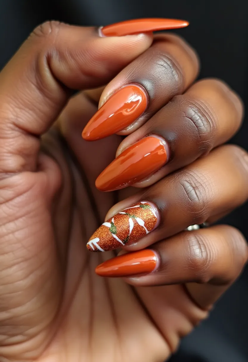 The nail design features a warm autumnal color palette dominated by a rich, burnt orange hue. The nails are almond-shaped, which adds a sleek and elegant touch. Most of the nails are painted with a glossy orange polish, likely applied using a gel treatment for a smooth and long-lasting finish. The ring finger nail stands out with intricate decorations: it has a sparkly copper base adorned with white vine-like patterns and green accents, adding a festive and seasonally appropriate detail. The entire ensemble suggests an autumnal theme, fitting for the fall season.