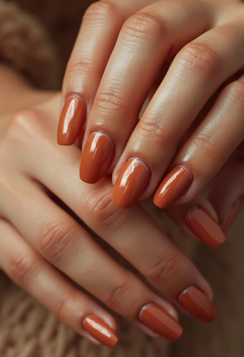 The nail design features a warm, autumnal color palette with a solid, glossy caramel brown hue. The nails are shaped in a sleek and elegant coffin or ballerina style, providing a modern and stylish appearance. The treatment appears to be gel, as suggested by the high-shine finish and smooth, even application. There are no intricate patterns or decorations, allowing the rich, seasonal color to stand out as the main feature. This design is perfect for fall, aligning well with the seasonal tones and offering a sophisticated, polished look that's ideal for both everyday wear and special occasions.