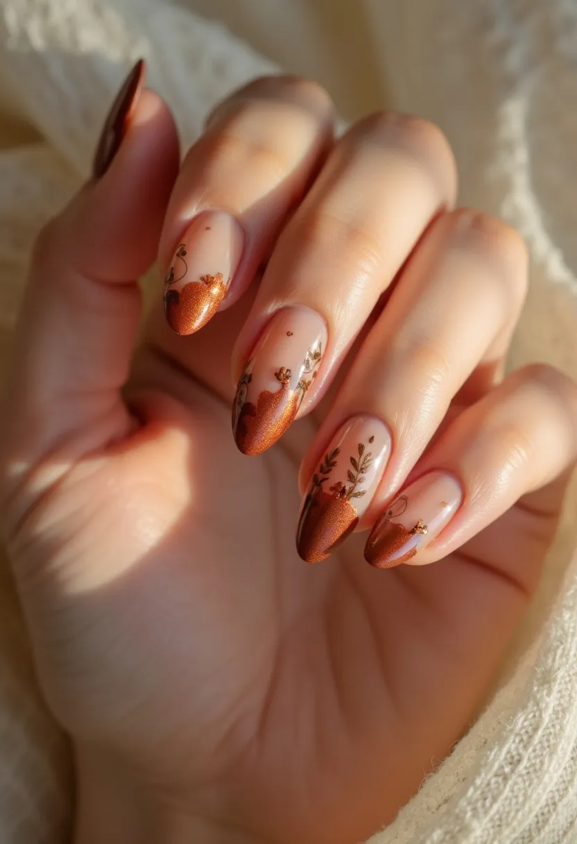 The nail design features a rich, autumn-inspired color palette with shades of copper and bronze. The nails are shaped into a rounded almond tip, providing a smooth and elegant contour. Each nail showcases a copper-toned French manicure with additional intricate floral and leaf patterns in darker shades, enhancing the autumn theme. The nail treatment appears to be a gel manicure, providing a glossy and durable finish. This design is perfect for the fall season, capturing the essence of autumnal beauty with its warm hues and detailed nature-inspired decorations.